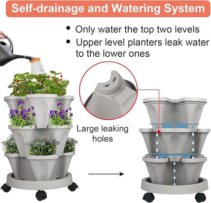 GameXcel Vertical Planter Tower- 3 Tier Stackable Garden Planter with Wheels and Tool Set – Grow Strawberries Herbs Flowers and Vegetables - Indoor Outdoor Use Gray