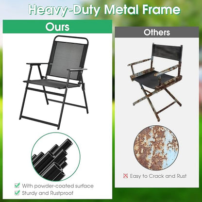 Tangkula Outdoor Folding Chairs Set of 4, Patio Dining Chairs with Breathable Seat & Cozy Armrests, Heavy-Duty Metal Frame, Portable Lawn Chairs for Backyard, Porch, Camping (4, Black)