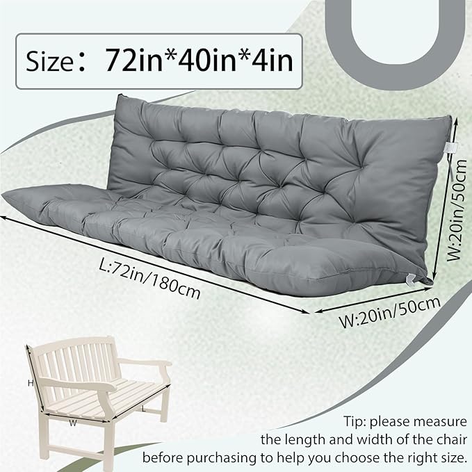 2/3 Seater Swing Replacement Cushion, Waterproof Porch Swing Cushions with Backrest, Thickened Bench Cushions for Outdoor Furniture, for Outdoor Patio Swing (Light Grey, 71 * 40in)