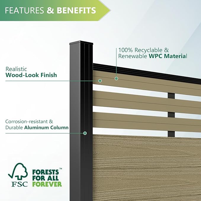 Mondaria Semi-Closed Privacy Fence Panels with 2 Posts for Outside, 6ft(W) x 6ft(H), Wind Resistant Wood Plastic Composite Fencing Panels for Patio, Backyard, Garden and Pool, Ancient Wood