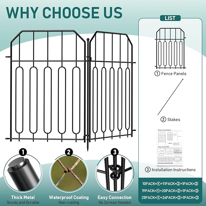 Goovilla Garden Fence, Total 10ft(L) x 21in(H) Garden Fencing Animal Barrier, 10 Pcs Rustproof Metal Wire No Dig Fence Panels, Black Decorative Garden Fences and Borders for Dogs, Flower Bed, Patio