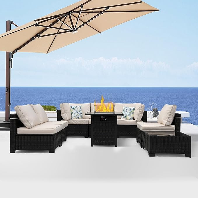 8 Pieces Patio Furniture Set with 28" Fire Pit Table, Wicker Outdoor Sectional Couch, Rattan Conversation Set for Backyard, Deck, Garden Lawn, Brown/Beige