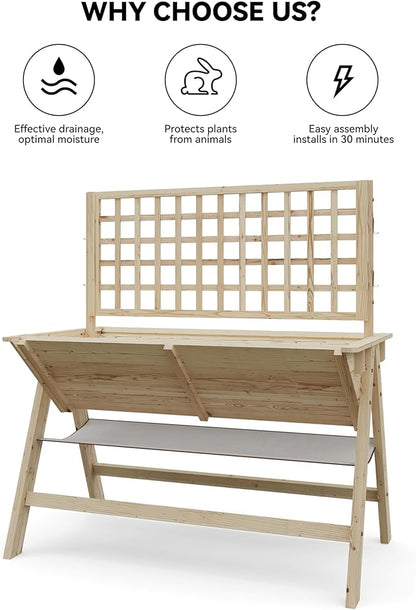 GarveeLife 52x30x54 Inch Tall Elevated Garden Bed with Legs, Standing Raised Planter Box with Climbing Trellis for Vegetables Flowers Herbs, Outdoor Wooden Standing Garden Bed-Natural