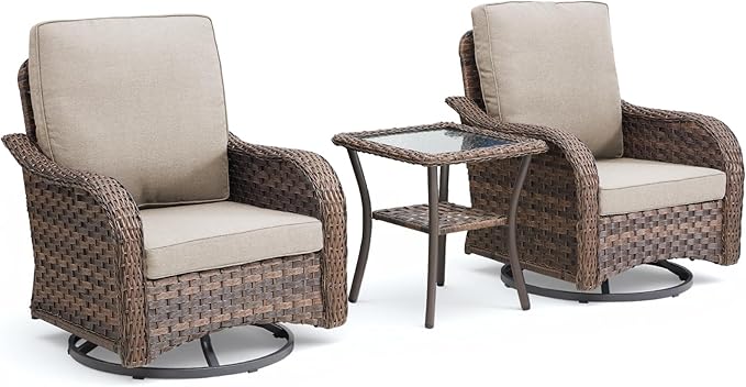 Patio Wicker Chairs Swivel Rocker Outdoor Rocking Chairs Set of 3 Rattan Furniture Set with Thick Cushion for Balcony Deck Backyard, Beige