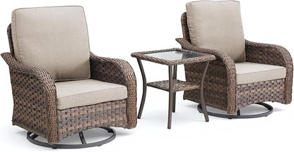 Patio Wicker Chairs Swivel Rocker Outdoor Rocking Chairs Set of 3 Rattan Furniture Set with Thick Cushion for Balcony Deck Backyard, Beige