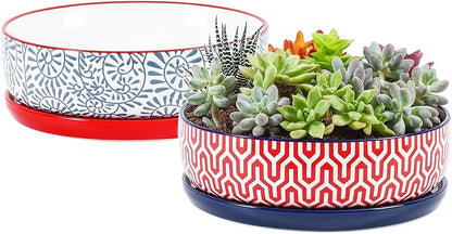 Selamica Ceramic Succulent Pots, Shallow Succulent Planters with Drainage Hole & Saucer, Indoor Plant Pots for Cactus, Home Decor，Assorted Colors,8 inch，Set of 2