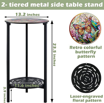 2-Tier Metal Round Side Table Black Accent Coffee Tables Small Space Corner Plant Stand Shelf for Indoor Outdoor Use Patio Balcony End Table Butterfly Print Weather-Resistant