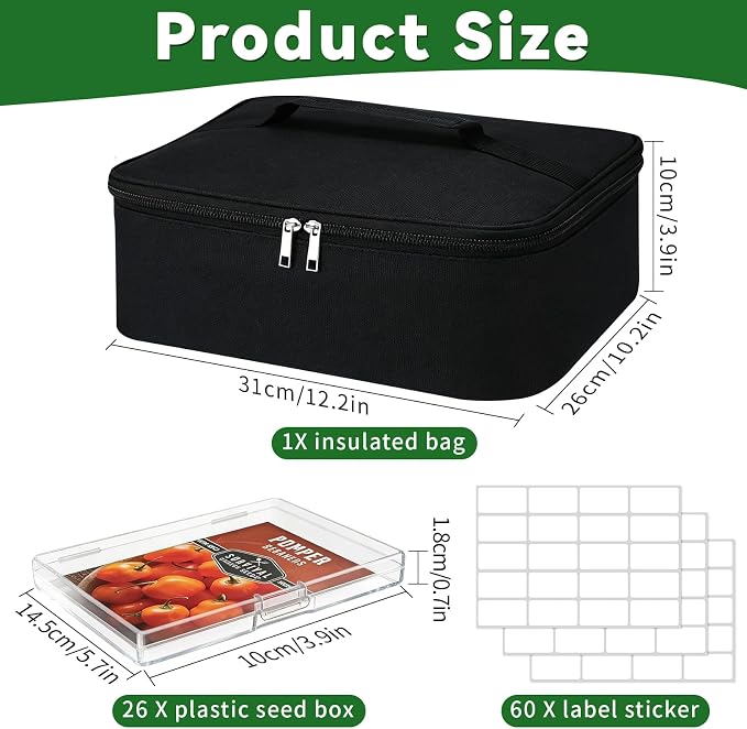 26 Slots Seed Storage Organizer Box, Reusable Oxford Cloth Seeds Storage Container, Holds 80-200 Envelopes, Garden Seed Packet with Insulated Bag and Label Stickers for Vegetable Flower Plants