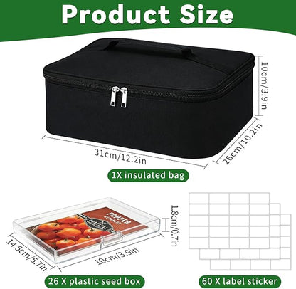 26 Slots Seed Storage Organizer Box, Reusable Oxford Cloth Seeds Storage Container, Holds 80-200 Envelopes, Garden Seed Packet with Insulated Bag and Label Stickers for Vegetable Flower Plants