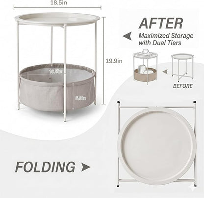 VECELO Round Side/End Table with Fabric Storage Basket，Metal Anti-Rust and Waterproof Small Bedside Nightstand with Removable Tray Top for Living Room，Balcony & Laundry，Beige/1pcs with Basket