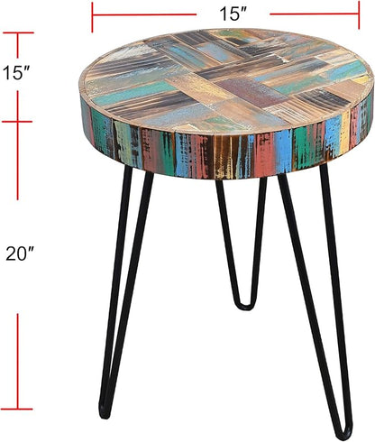 Vintage Round Thick Wood Side Table 15" x 15" x 20" H Accent Reclaimed Wood Multi Color Coffee Tables Solid Rustic Plant Stand Outdoor End Tables Living Room Patio Bedroom