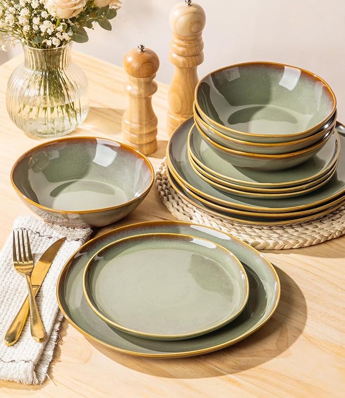 TheTerra Ceramic Dinnerware Set for 4, 12-Piece Plates and Bowls Set | Lightweight Porcelain Dish Set, Scratch Resistant, Oven & Microwave & Dishwasher Safe, Sage Umber