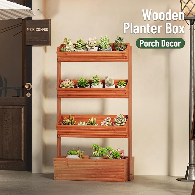 Vertical Wooden Raised Garden Bed, Garden Planters Freestanding Wood Plant Stand Flower Rack Wooden Planter Box for Plants Herbs Flowers Vegetables Outdoor Indoor Gardening (4-Tier Brown)
