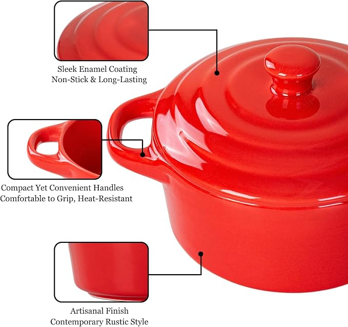 Mini Cocotte Set of 4, 15 oz Ceramic Mini Dutch Ovens with Lids and Handles, Small Casserole Dishes for Baking, Soufflé and Baked Desserts, Oven Microwave Dishwasher Safe, Red