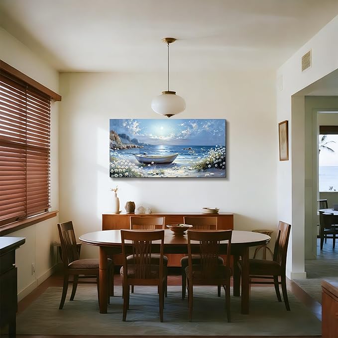 SERIMINO Beach Wall Art, Landscape Wall Art, Large Wall Decor, Coastal Boat Canvas Prints, Beachy Flowers Nature Paintings for Living Room Bedroom Dining Room Office Home Decorations 24"x48"