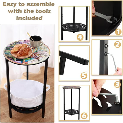 2 Packs Two-Tier Metal Round Side Table Set of Two Black Accent Coffee Tables Small Space Corner Plant Stand Shelf for Indoor Outdoor Use Patio Balcony End Table Weather-Resistant