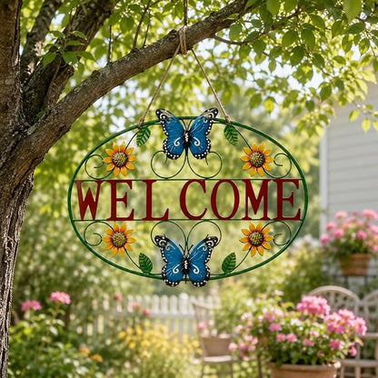 Glitzhome Metal Welcome Sign, Outdoor Metal Welcome Signs for Outside with Vivid Butterfly Wall Decor, Sunflower Garden Art Plaque for Porch Home Decoration