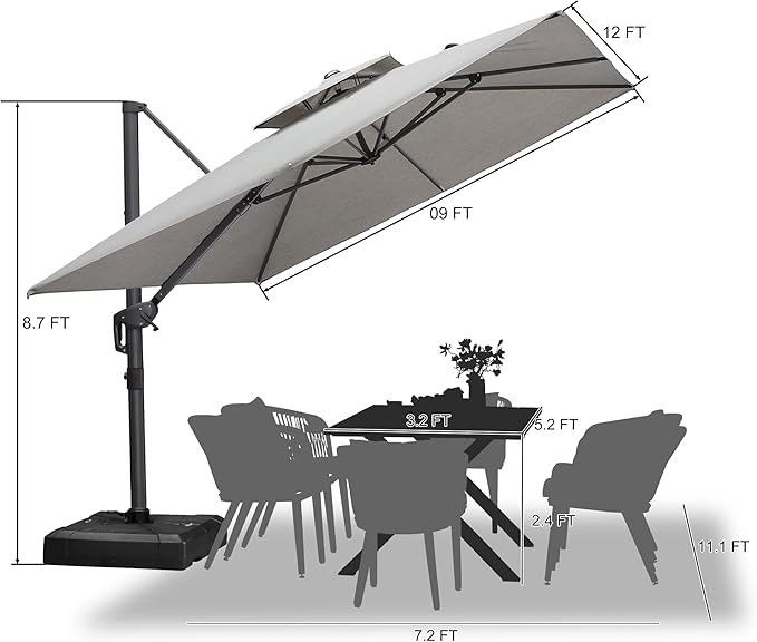 PURPLE LEAF Cantilever Patio Umbrella Outdoor Aluminum Offset Square Umbrella Windproof Heavy Duty Hanging Outside Umbrella for Deck Pool Garden