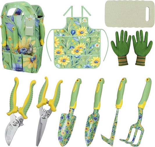 10-Piece Garden Tool Set – Green Floral Print Gardening Hand Tools with Non-Slip Handles, Heavy Duty Rust-Proof Aluminum Tools, Organizer Tote Bag, Ideal Gardening Gifts for Women & Grandma