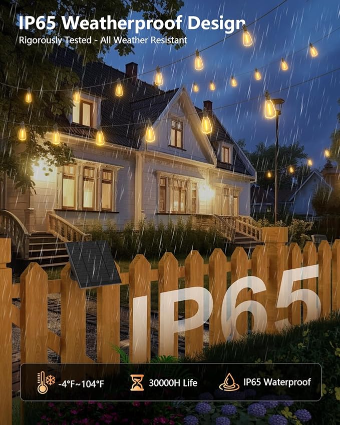 Brightown 202FT Solar String Lights Outdoor Waterproof with Remote, 65+1 LED Shatterproof Bulbs, Dimmable & Timable, 3 Light Modes - Commercial Grade Patio Lights for Garden Backyard Party Decor