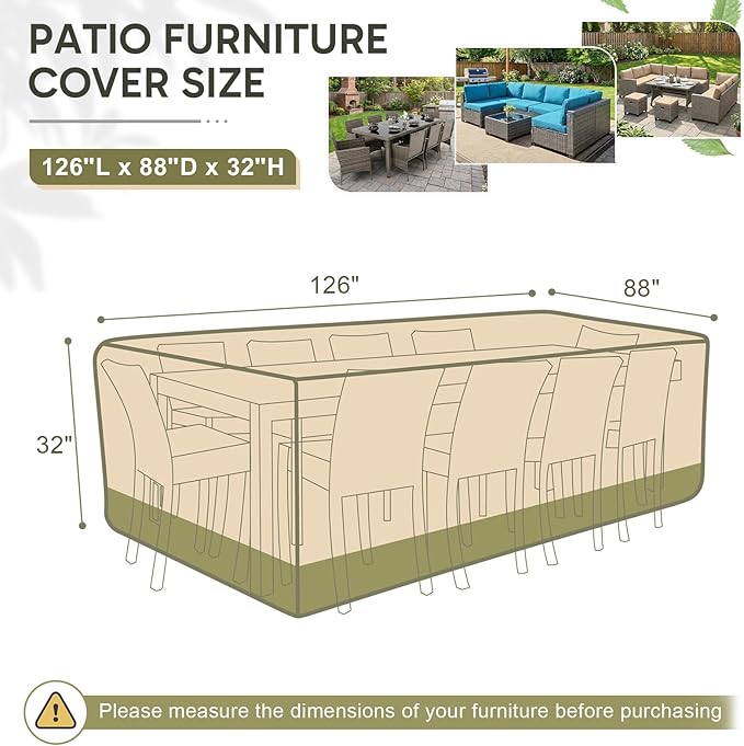 COWVIE Rectangular Outdoor Furniture Cover for Sectional Sofa Set, 600D Waterproof Patio Set Cover for Lawn General Purpose Table and Chairs, 126''L x 88''W x 32''H