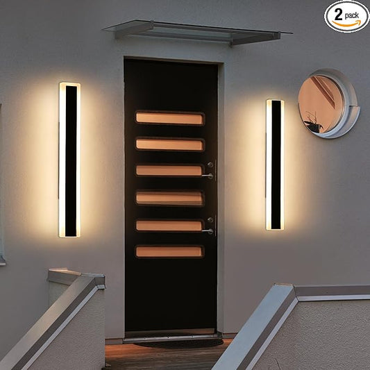 2 Pack 23.6inch Modern Outdoor Wall Light, Black Long LED Wall Sconce, 24W, IP65 Waterproof, 3000K Warm White, Exterior Wall Light Fixture for Porch, Patio, Garage, Yard, House, Garden