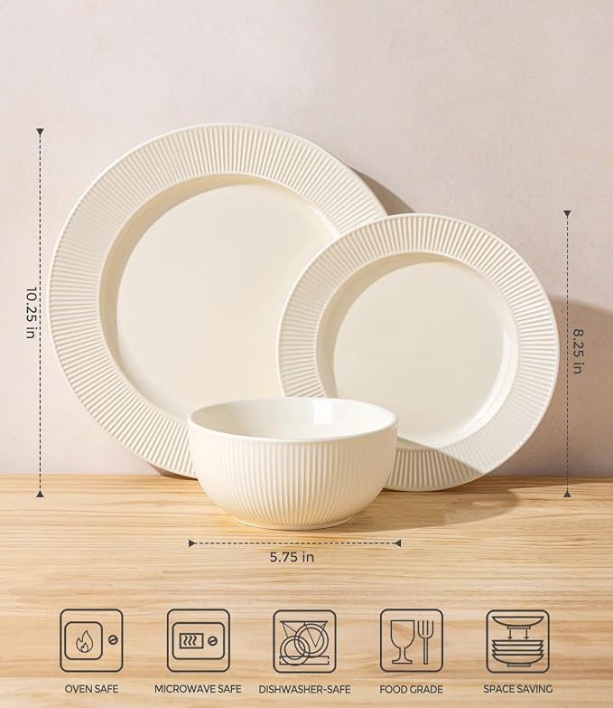 TheTerra Ceramic Dinnerware Sets for 4, 12 Pieces Porcelain Lightweight Plates and Bowls Sets, Scratch Resistant Dish Set, Oven, Microwave & Dishwasher Safe, Ivory