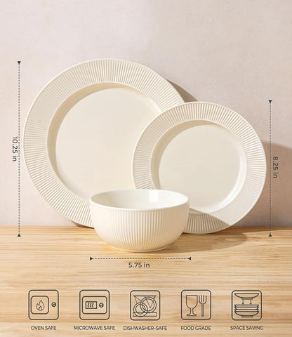 TheTerra Ceramic Dinnerware Sets for 6, 18 Pieces Porcelain Lightweight Plates and Bowls Sets, Scratch Resistant Dish Set, Oven, Microwave & Dishwasher Safe, Ivory