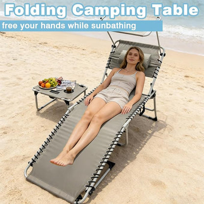 Outdoor Tanning Chair with Sun Canopy Shade & Face Hole, Folding Lounge Chair with Beach Table and Carry Bag for Poolside Sunbathing Lawn