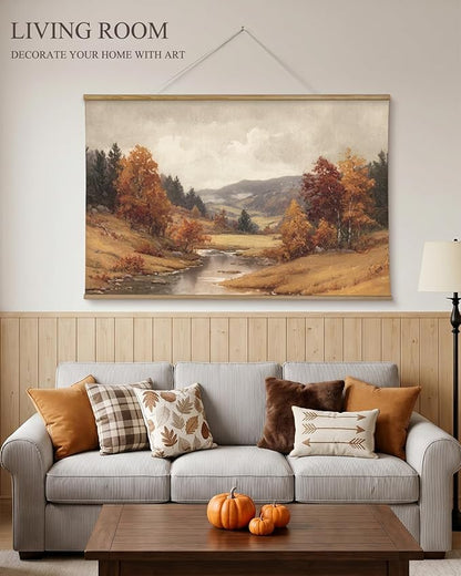 ARPEOTCY Extra Large Vintage Framed Wall Art, 36x54 Inch Autumn Landscape Wall Art, Nature Forest Landscape Wall Decor Oil Painting, Vintage Fall Farmhouse Wall Decor for Living Room Fireplace Bedroom