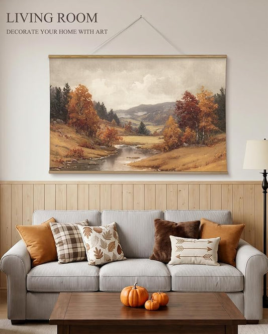 ARPEOTCY Extra Large Vintage Framed Wall Art, 36x54 Inch Autumn Landscape Wall Art, Nature Forest Landscape Wall Decor Oil Painting, Vintage Fall Farmhouse Wall Decor for Living Room Fireplace Bedroom