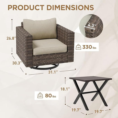 COOS BAY Lanai Chic 3 Piece Outdoor Bistro Set, Small Patio Conversation Set, Outdoor Patio Furniture, 2 Swivel Rockers and Side Table, Brown/Beige