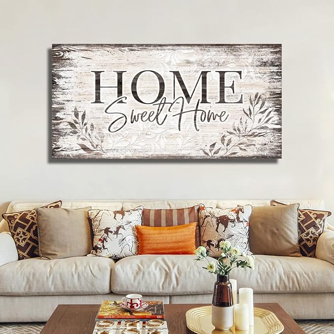 arteWOODS Home Sweet Home Wall Art Sign Large Dark Brown Farmhouse Wall Sign for Living Room Decoration Wooden Board Design Canvas Prints Modern Rustic Artwork Leaf Pictures Wall Decor 24" x 48"