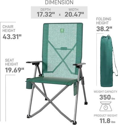 EVER ADVANCED Reclining Camping Chairs for Adult Lightweight, Portable Compact Folding Chair with High Back, 4-Level Recliner Chairs, Lawn Chair for Patio Balcony, Supports 350lbs, Stretch Mesh Green