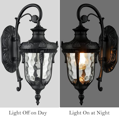 SAMTEEN Black Outdoor Wall Light Fixtures Modern Farmhouse 1-Light Outdoor Wall Sconce with Hammered Glass Wall Lantern Light for Porch Garage Courtyard, 16-Inch