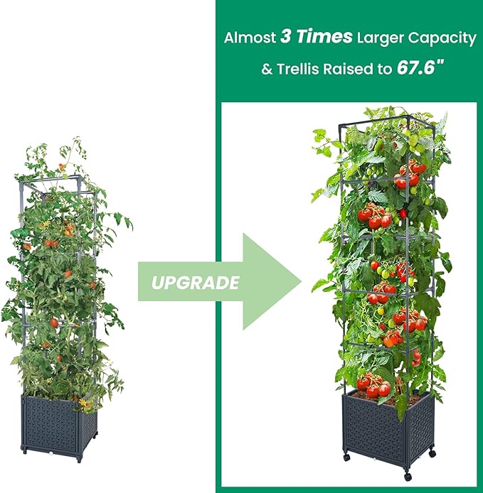 GREEN MOUNT Raised Garden Bed Planter Box with Trellis for Climbing Vegetables Plants, 67.6" Outdoor Tomatoes Planters Tomato Cage w/Wheels