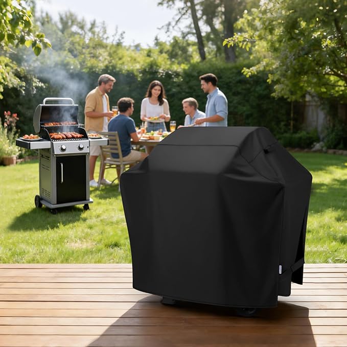 SunPatio Grill Cover 50 Inch, Outdoor Heavy Duty Waterproof Barbecue Gas Cover, UV & Fade Resistant, All Weather Protection Compatible for Weber CharBroil Kenmore Nexgrill Grills and More, Black