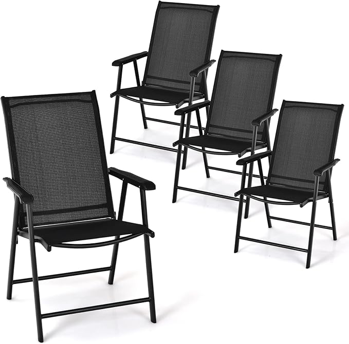 Tangkula Set of 4 Patio Folding Chairs, Outdoor Fabric Dining Chairs with High Back & Armrests, Sturdy Metal Frame for Patio Lawn Garden (Black)