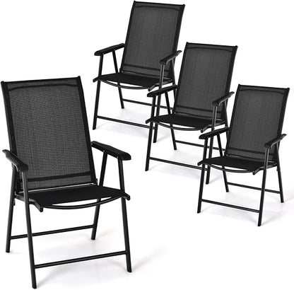 Tangkula Set of 4 Patio Folding Chairs, Outdoor Fabric Dining Chairs with High Back & Armrests, Sturdy Metal Frame for Patio Lawn Garden (Black)