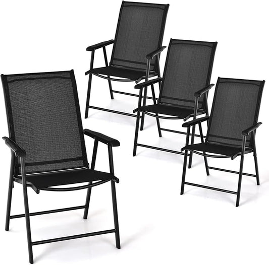 Tangkula Set of 4 Patio Folding Chairs, Outdoor Fabric Dining Chairs with High Back & Armrests, Sturdy Metal Frame for Patio Lawn Garden (Black)