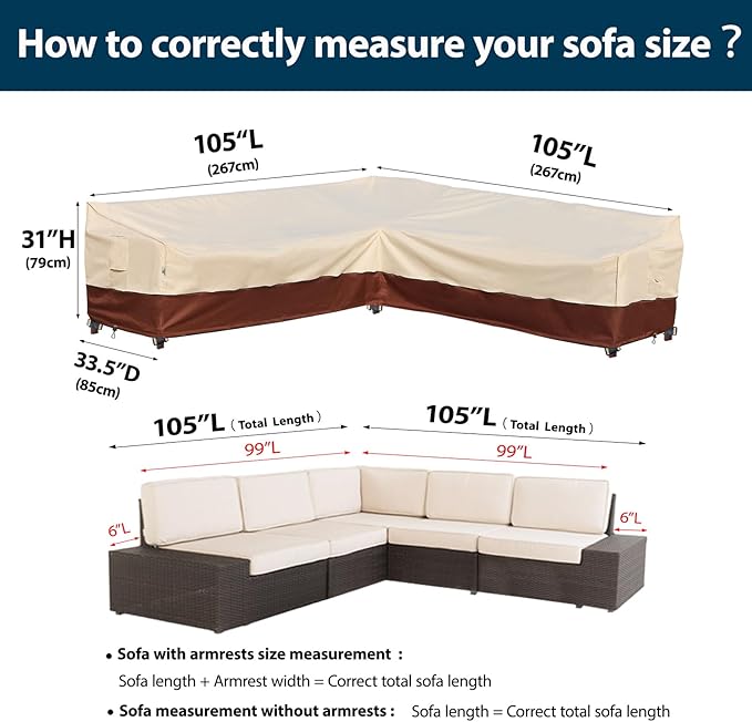 Outdoor Sectional Cover Patio Furniture Sofa Covers Waterproof Rip-Stop Anti-UV 600D Heavy Duty Outdoor Couch Cover with 3 Air Vents (V-Shaped-105''X105'')