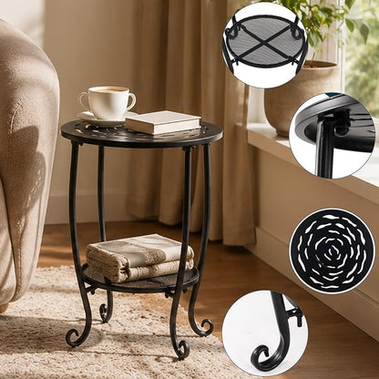 2-Tier Metal Round Side Table Black Accent Coffee Tables Small Space Corner Plant Stand Shelf for Indoor Outdoor Porch Patio Balcony Living Room End Table with Storage, Rust-Proof