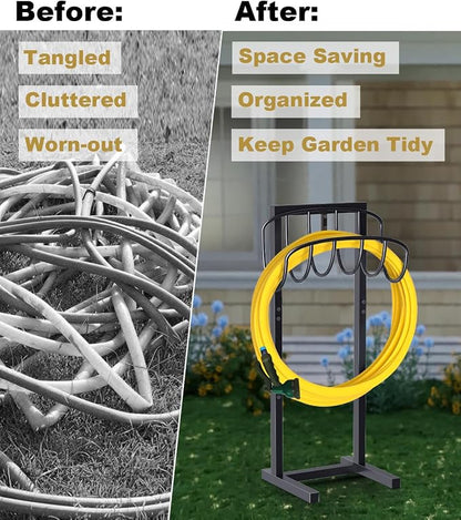 Artigarden Freestanding Garden Hose Holder with 4 Spikes, Heavy Duty Metal Reel Stand Hanger Rack Organizer, Holds Storage 150ft Hose for Outside Yard Lawn, Black