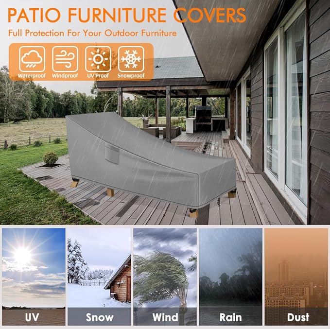 WLEAFJ Patio Chaise Lounge Cover Waterproof, Heavy Duty Outdoor Lounge Chair Covers, Durable Patio Furniture Covers, 78L x 34W x 32H inch - 2 Pack, Gray