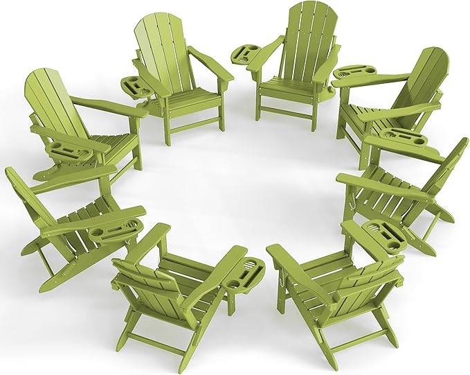 Adirondack Chair Set of 8, HDPE Folding Adirondack Chair with Multifunctional Cup Holder, Weather Resistant Fire Pit Chair for porches, patios, poolsides, Decks.