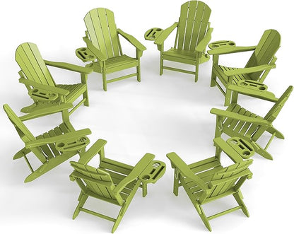 Adirondack Chair Set of 8, HDPE Folding Adirondack Chair with Multifunctional Cup Holder, Weather Resistant Fire Pit Chair for porches, patios, poolsides, Decks.