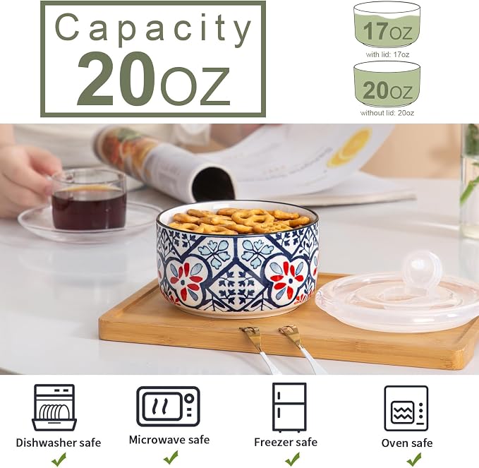 Ceramic Bowl with Lid, Microwave Safe, Set of 4 | Food Storage Containers for Soup, Meal Prep, Cereal, Salad Leftovers - Picnic, Camping, Office Lunch - 20 oz, Blue-Pattern