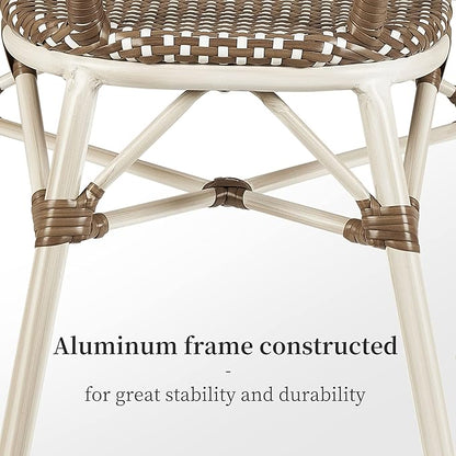 PURPLE LEAF Dining Chair Set of 2 Outdoor French Bistro Chairs Hand-Woven Aluminum Wicker Rattan Armchair for Garden Kitchen Backyard Porch White Print Finish Patio Chairs Brown
