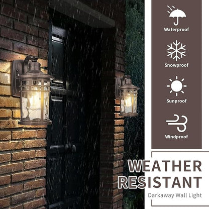 Darkaway Outdoor Wall Light Fixture,2pcs Outside Porch Lights Wall Mounted Water Ripple Glass Exterior Waterproof Lantern Modern Wall Sconce Lighting for Front Door