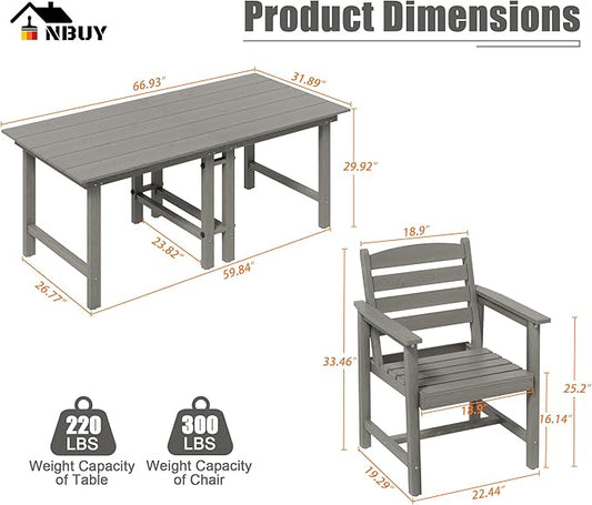 Anbuy Patio HDPE Dining Table Set, 7-Piece Outdoor Dining Table Sets, 2 in 1 Convertible Table and 6 Outdoor Chairs Outdoor All-Weather Furniture Set Gray